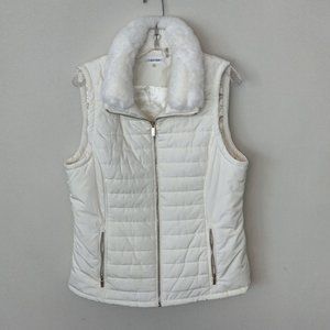 Calvin Klein ivory puffy vest with faux fur collar